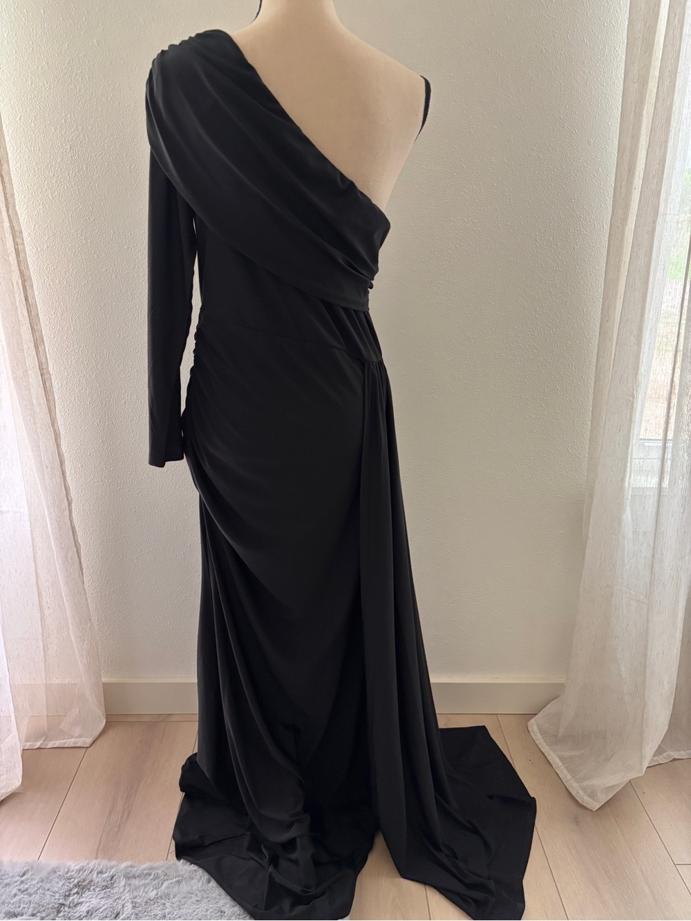 One-Shoulder Black Draped Evening Gown